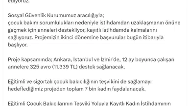 Ankara, İstanbul ve İzmir'de çalışan annelere 11 bin 339 TL destek