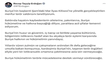 Erdoğan'dan Suriye'deki terör saldırısına kınama ve destek mesajı