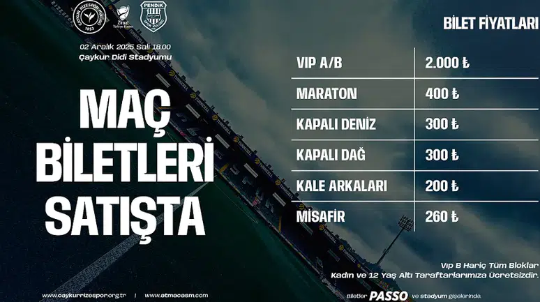 Çaykur Rizespor-Pendikspor maçı için biletler satışta, kadınlar ve çocuklara ücretsiz bilet imkanı!