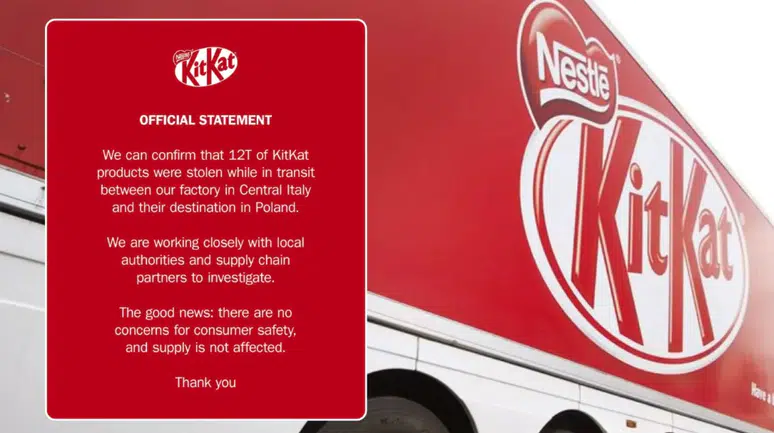 Orta İtalya'dan Polonya'ya giden çikolata sevkiyatı çalındı, soruşturma sürüyor