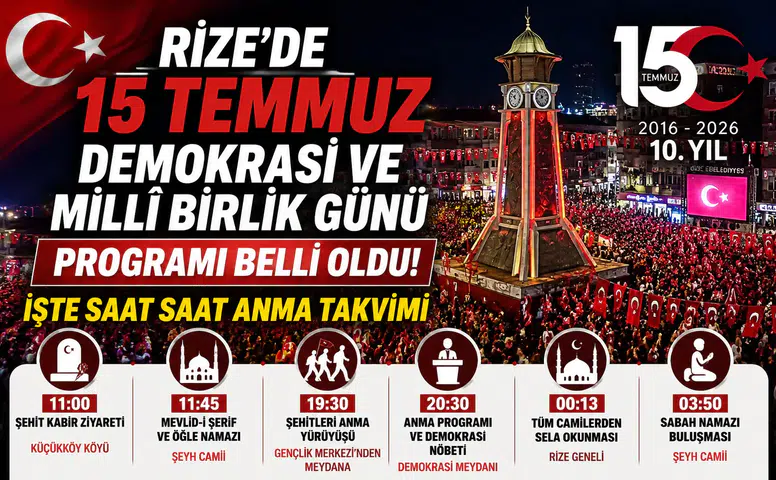 Rize'de 15 Temmuz Programı Belli Oldu! Dev Bayrak Yürüyüşü, Demokrasi Nöbeti ve Sabah Namazı Buluşması