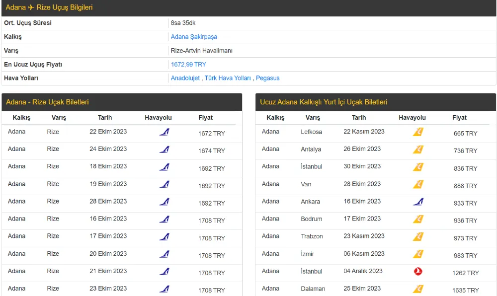Adana - Rize Ucuz Uçak Bileti Al, En Ucuz Bilet : 1673 TL