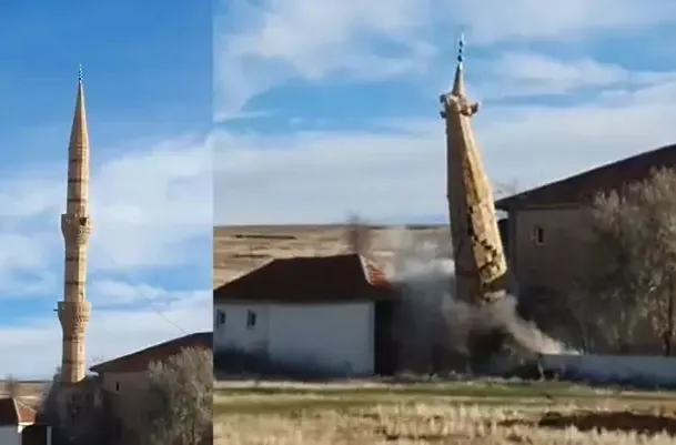 Fırtınada hasar gören caminin minaresi kontrollü olarak yıkıldı