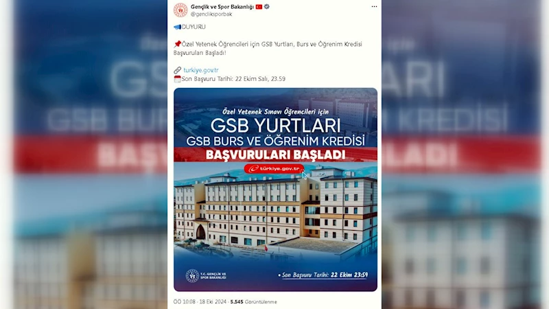 Özel yetenek öğrencileri için yurt ve burs başvuruları başladı