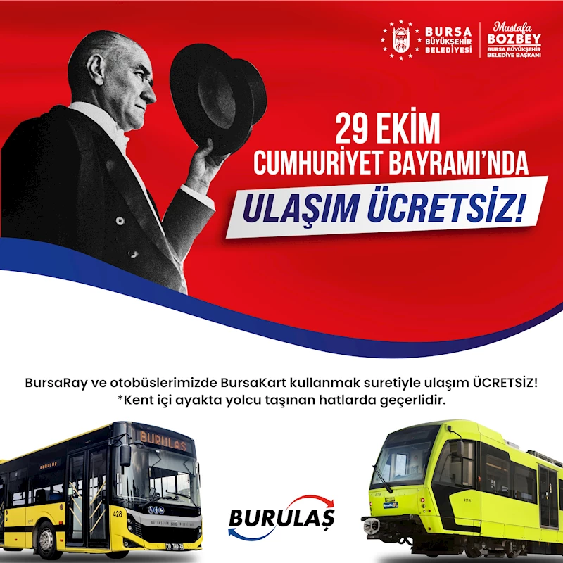 Bursa’da 29 Ekim’de toplu ulaşım ücretsiz