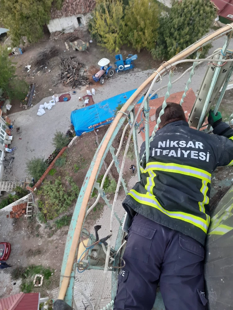 Tokat’ta minareye sıkışan güvercin kurtarıldı