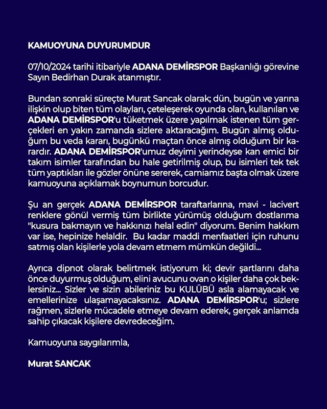 Murat Sancak Adana Demirspor Başkanlığı