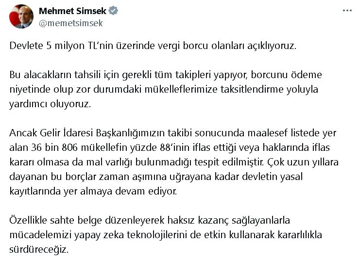 Bakan Şimşek: Devlete 5 milyon TL