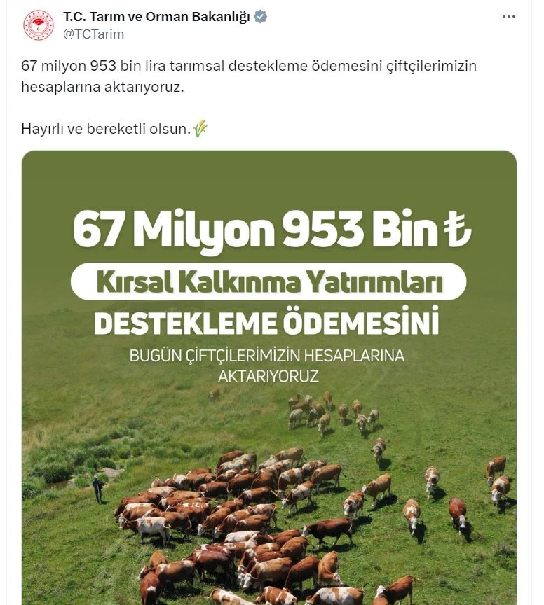 Bakanlıktan çiftçilere 67 milyon 953 bin lira destek ödemesi