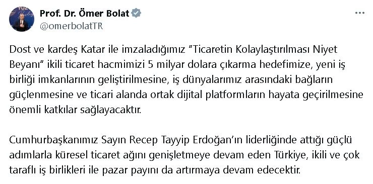 Bakan Bolat: Katar ile imzalanan 