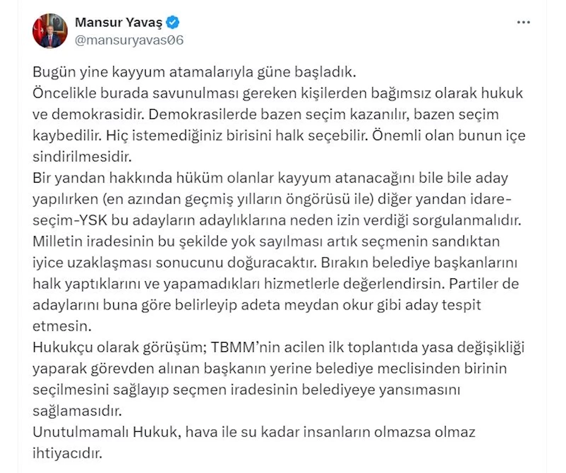 Mansur Yavaş: Seçmen iradesinin belediyeye yansıması sağlanmalı