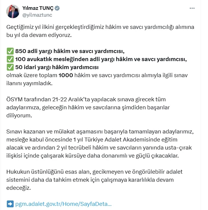  1000 hakim ve savcı yardımcısı alımına ilişkin sınav ilanı yayımlandı