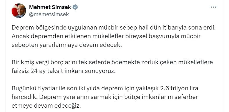 Bakan Şimşek: Son iki yılda deprem için yaklaşık 2,6 trilyon lira harcadık