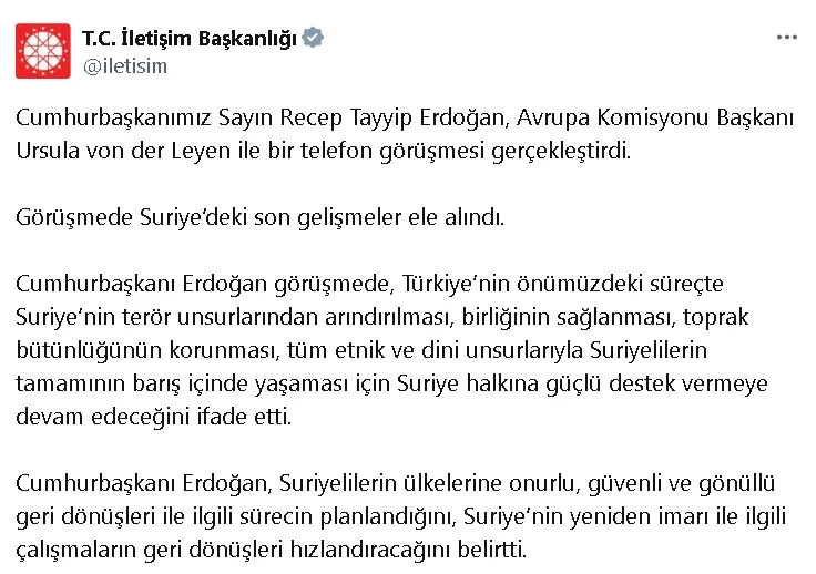 Cumhurbaşkanı Erdoğan, Avrupa Komisyonu Başkanı Von der Leyen ile telefonda görüştü