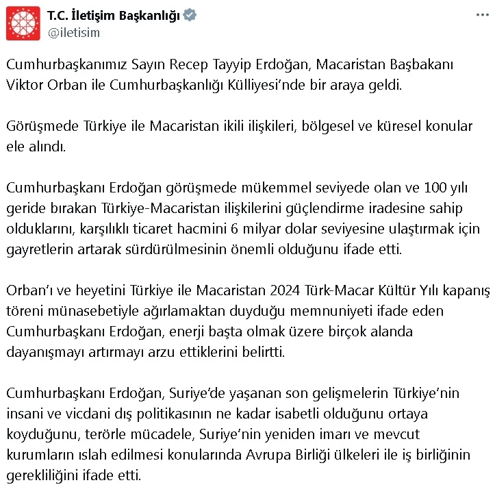 Cumhurbaşkanı Erdoğan, Macaristan Başbakanı Orban