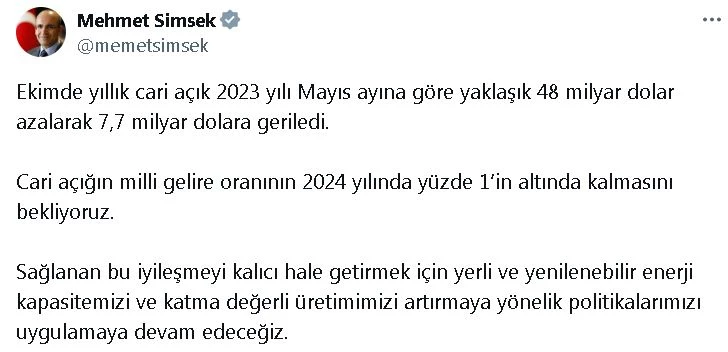 Bakan Şimşek: Cari açığın milli gelire oranının yüzde 1