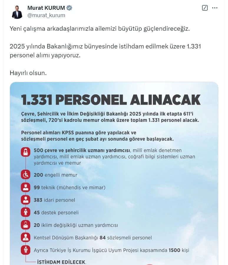 Bakan Kurum: 1331 personel alımı yapıyoruz