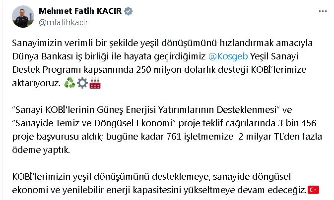 Bakan Kacır: 250 milyon dolarlık desteği KOBİ