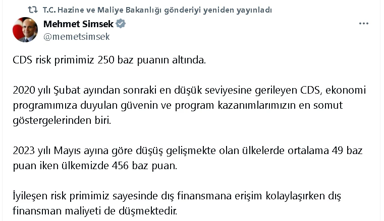 Bakan Şimşek: CDS risk primimiz 250 baz puanın altında