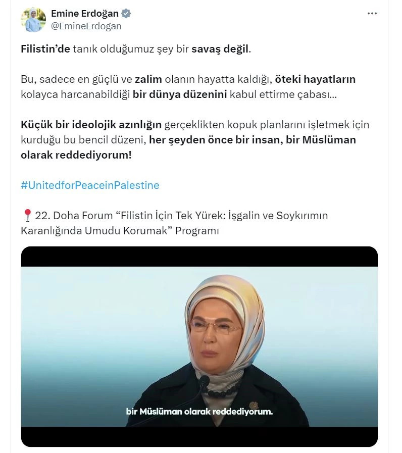 Emine Erdoğan: Bir Müslüman olarak bu bencil düzeni reddediyorum