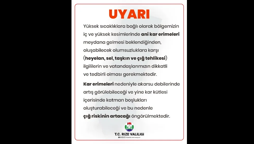 Rize Valiliğinden çığ riski uyarısı