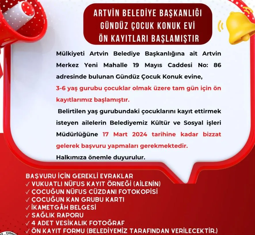 Gündüz Bakım Evinde Hafta İçi Tam Gün Eğitim İçin Ön Kayıtlar Başladı