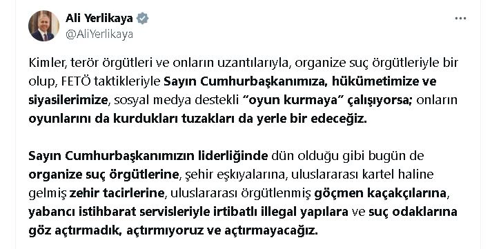 Bakan Yerlikaya: Oyun kurmaya çalışanların oyunlarını yerle bir edeceğiz