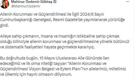 Ailenin korunması ve güçlendirilmesi ile ilgili Cumhurbaşkanlığı genelgesi 