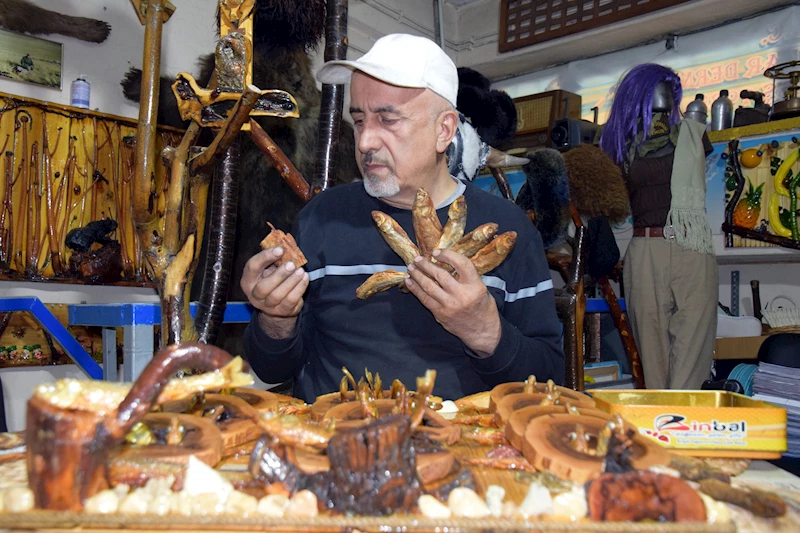 Ölmüş inci kefallerini kurutup, atık malzemelerle birlikte tabloya dönüştürdü