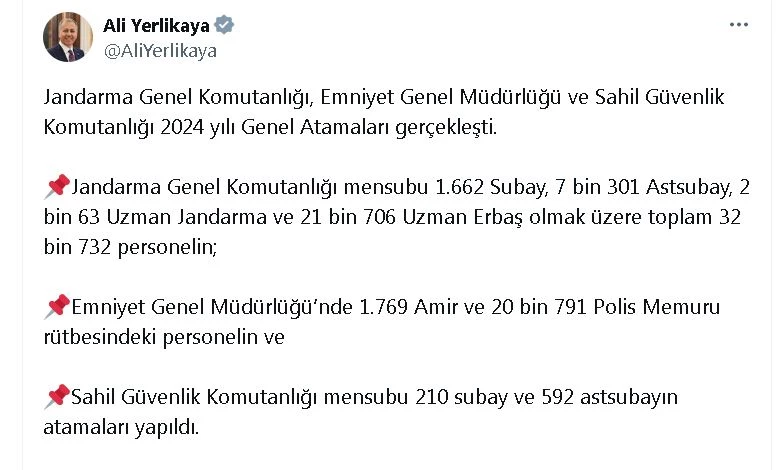 Jandarma, Emniyet ve Sahil Güvenlik 2024 yılı atamaları gerçekleştirildi