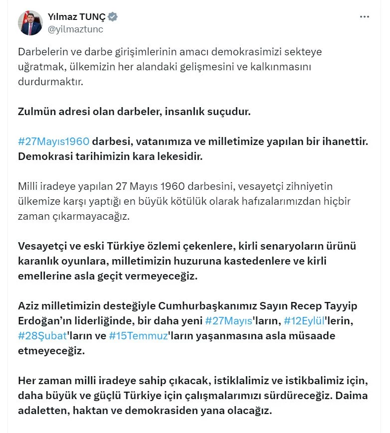 Bakan Tunç: Yeni 27 Mayıs