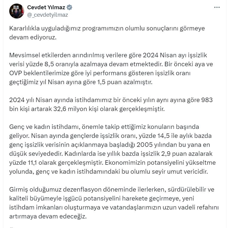 Cevdet Yılmaz: Gençlerde işsizlik oranı en düşük seviyede