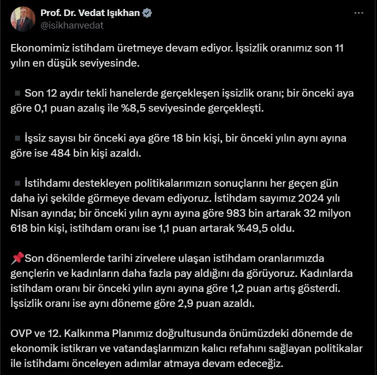 Bakan Işıkhan: İşsizlik 11 yılın en düşük seviyesinde