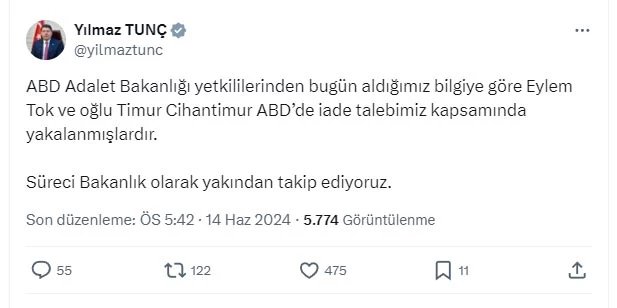 Bakan Tunç: Eylem Tok ve oğlu ABD