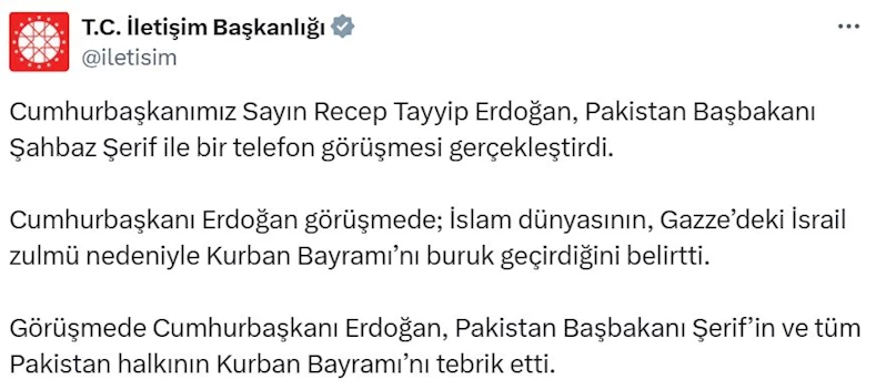 Cumhurbaşkanı Erdoğan, Pakistan Başbakanı Şerif ile telefonda görüştü