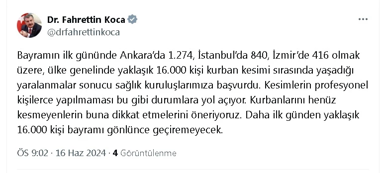 Bakan Koca: Bayramın ilk gününde kendini yaralayan 16 bin kişi hastanelere başvurdu