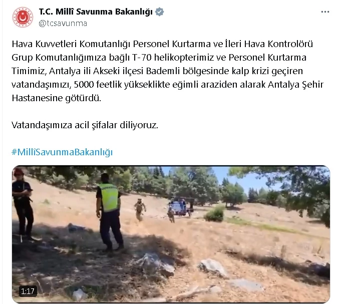 Kalp krizi geçiren kişi eğimli araziden askeri helikopterle alınıp, hastaneye götürüldü