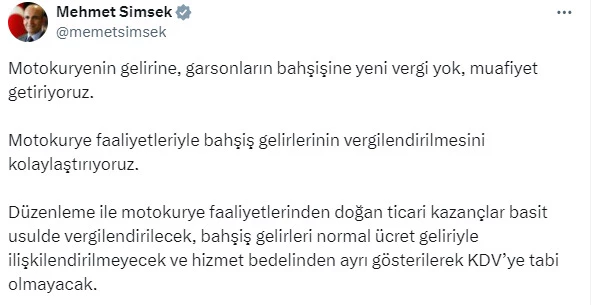 Bakan Şimşek: Motokuryenin gelirine, garsonların bahşişine yeni vergi yok