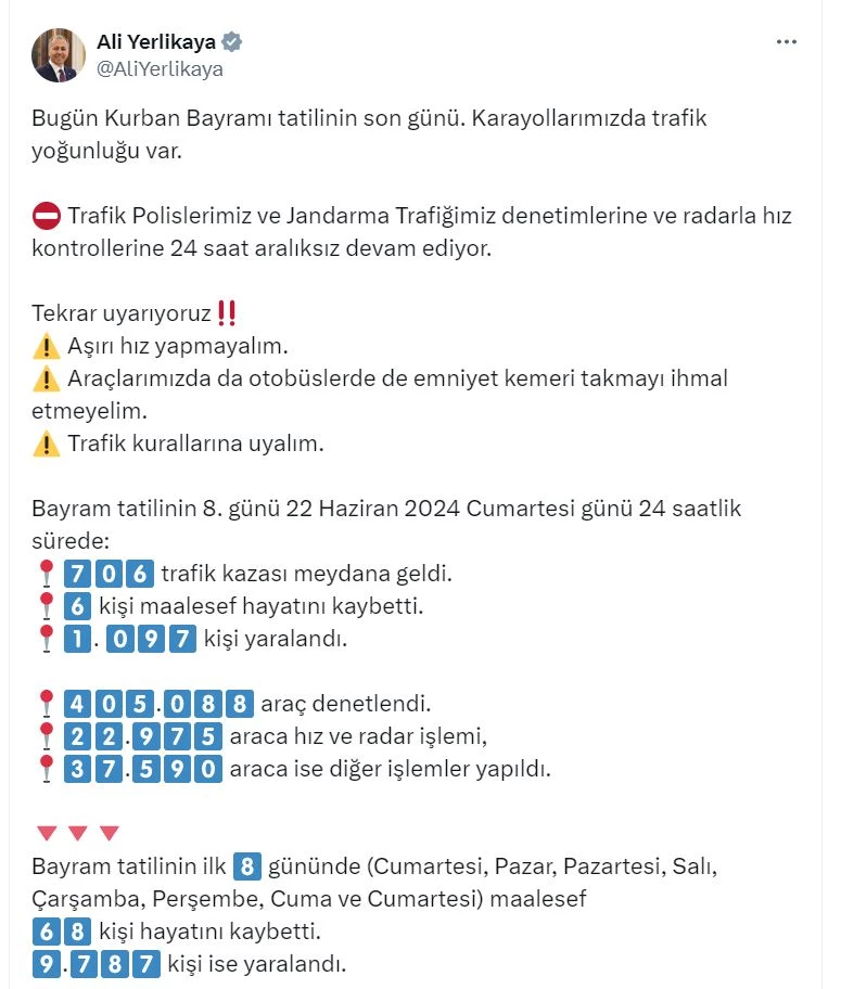 Bayram tatilinin ilk 8 günündeki kazalarda 68 kişi hayatını kaybetti