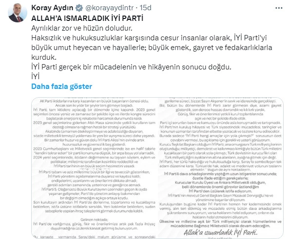 İYİ Parti kurucularından Koray Aydın, partisinden istifa etti