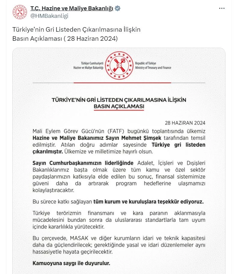 Türkiye, gri listeden çıktı