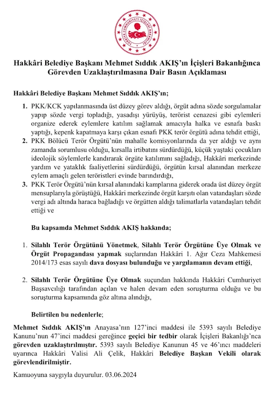 İçişleri Bakanlığı: Hakkari Valisi Ali Çelik, belediye başkan vekili olarak görevlendirildi