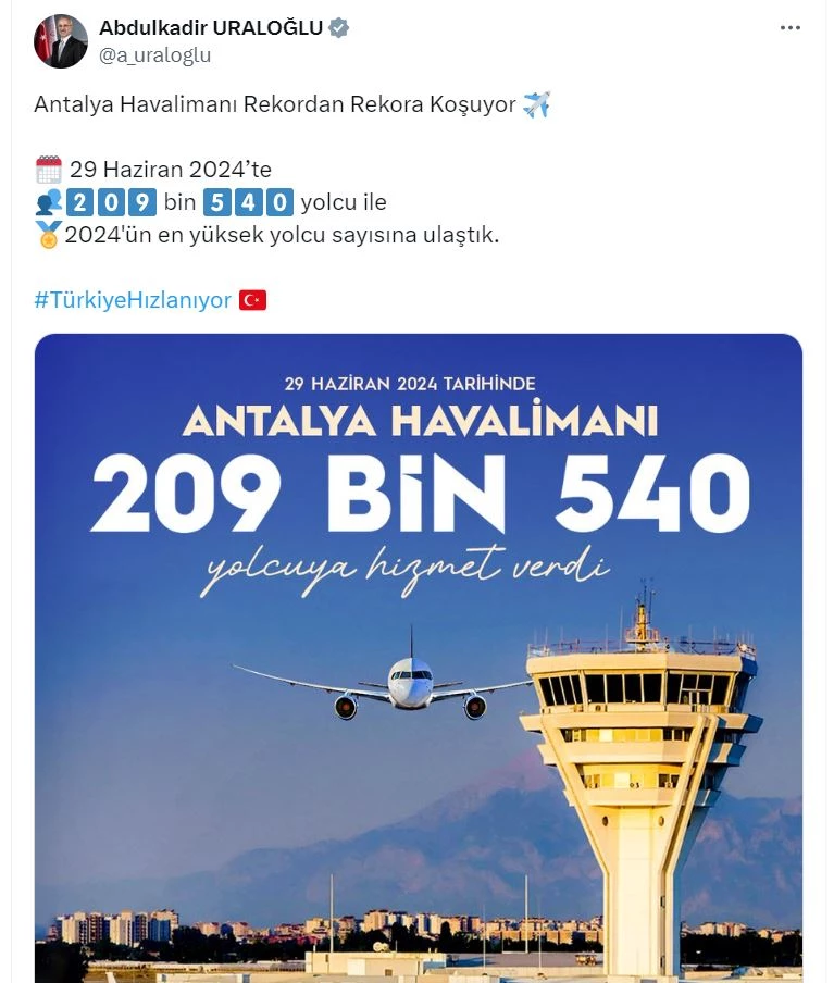 Bakan Uraloğlu: Antalya Havalimanı 29 Haziran