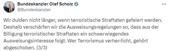 Scholz: Terörizmi yücelten herkes sınır dışı edilmelidir