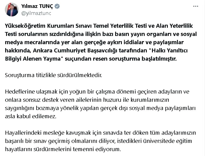 ÖSYM Başkanı Ersoy: Dezenformasyon amaçlı yapılan haberlerle ilgili hukuki süreç başlamıştır (2)