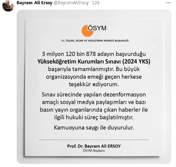 ÖSYM Başkanı Ersoy: Dezenformasyon amaçlı yapılan haberlerle ilgili hukuki süreç başlamıştır