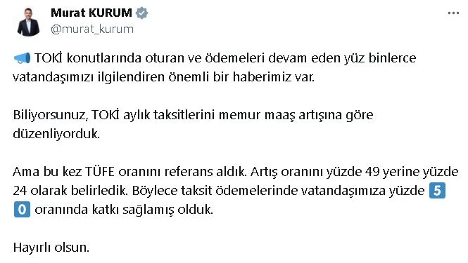 Bakan Kurum: TOKİ taksitlerine yüzde 50 katkı sağladık