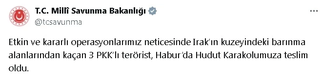 3 PKK’lı terörist Habur’da hudut karakoluna teslim oldu