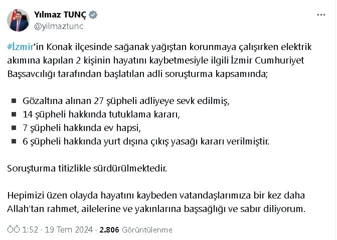 Bakan Tunç: İzmir’de akıma kapılan 2 kişinin ölümüyle ilgili 27 şüpheliden 14