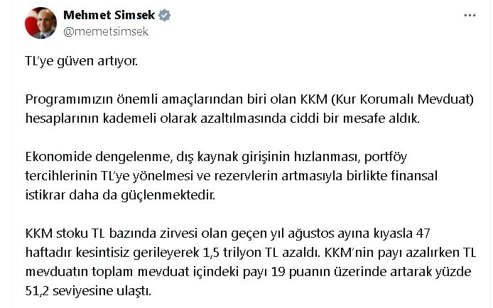 Bakan Şimşek: KKM stoku, 47 haftada 1,5 trilyon TL azaldı